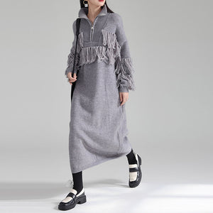 Autumn and Winter Thickened Turtleneck Fringed Knitted Dress