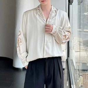 Satin Silky Embroidered Drape Long Sleeve Shirt