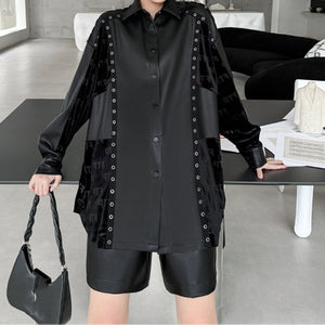 Retro Loose Spliced PU Leather Shirt