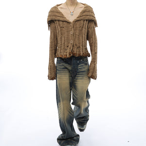 Distressed Lapel Short Knitted Sweater Cardigan