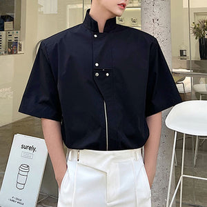 Stand Collar Zipper Short Sleeve Casual Shirt