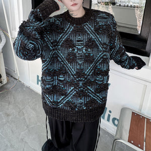 Diamond Jacquard Ripped Tassel Crewneck Sweater