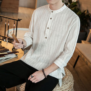 Striped Cotton And Linen Three-quarter Sleeve Shirt