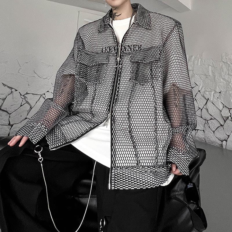 Cutout Mesh Casual Double Zip Jacket