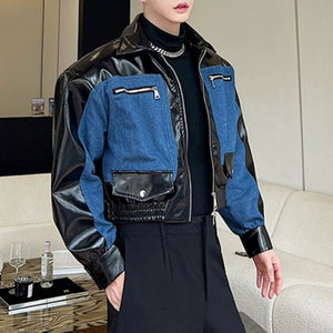 Glossy PU Denim Patchwork Short Jacket