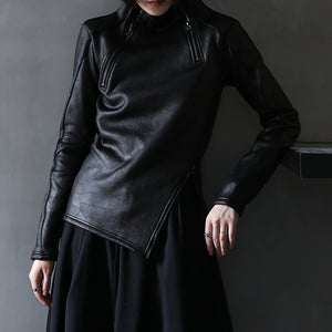 Leather Stand Collar Zippered Irregular Sweatshirt