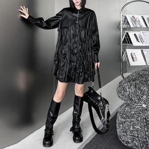 Pleated PU Leather Long Sleeve Shirt Dress