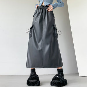 Retro Slit A-line Pu Mid-length Leather Skirt