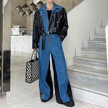 Load image into Gallery viewer, Deconstructed Washed Denim PU Leather Jacket Wide-leg Trousers Two-piece Suit
