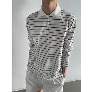 Striped Lapel Polo Loose Long Sleeve Shirt