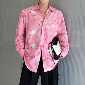 Star Print Pink Casual Lapel Long Sleeve Shirt