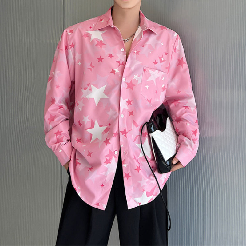 Star Print Pink Casual Lapel Long Sleeve Shirt