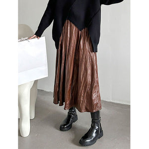 High Waist Casual Pleated Pu Leather Skirt