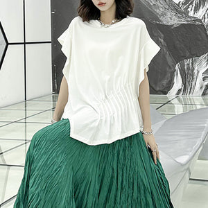 Pleated Irregular Butterfly Sleeves Round Neck T-shirt