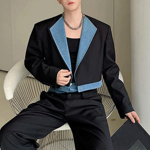 Denim Patchwork Short Suit Wide-leg Pants Two-piece Suit