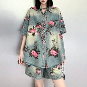 Floral Denim Retro Casual Suit