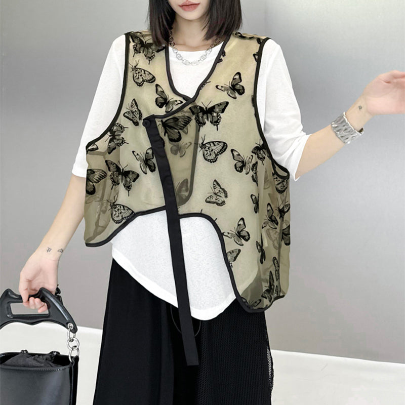 Flocked Butterfly Irregular Vest