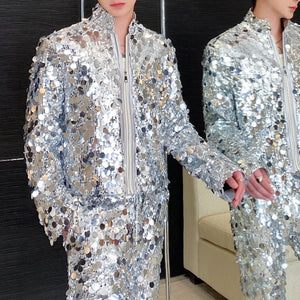 Sequined Stand Collar Jacket Straight Flared Pants Stage Party Two-piece Set