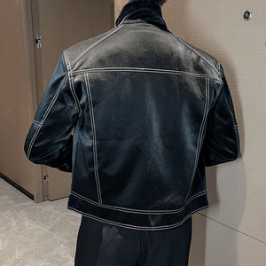 Topstitched Short Motorcycle Leather Jacket