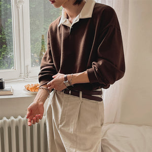 Contrast Color Pullover Loose Lapel Polo Shirt