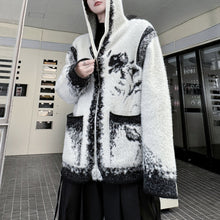 Load image into Gallery viewer, Zip-up Hooded Geometric Jacquard Knit Cardigan
