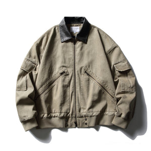 Washed Cargo Lapel Leather Collar Jacket