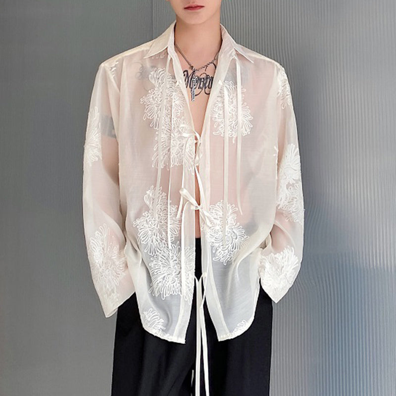 Embroidered Lace-up Slightly Sheer Long-sleeved Shirt