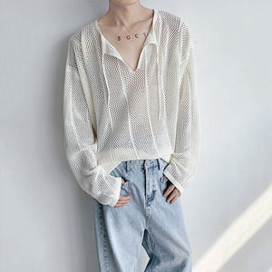 White Hollow V-neck Long Sleeves Knitted T-shirt