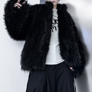 Stand Collar Buttoned Cotton Artificial Fur Short Coat