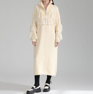 Autumn and Winter Thickened Turtleneck Fringed Knitted Dress