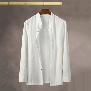 Vintage Stand Collar Cotton and Linen Shirt