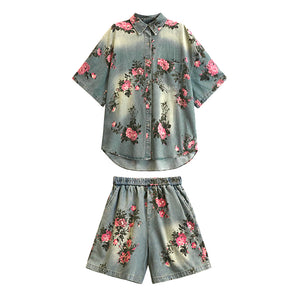 Floral Denim Retro Casual Suit