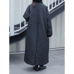 Black Diamond-patterned Loose Long Cotton Coat