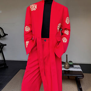 Retro Cirrus Embroidered Red Suit Jacket Wide-leg Trousers Two-piece Set