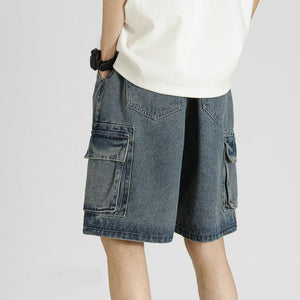 Drawstring Tote Pocket Zip Cargo Denim Shorts