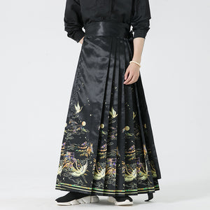 Crane Print Retro Horse-face Skirt Hanfu