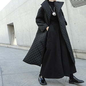 High Collar Rhombus Side Slit Long Cotton Coat