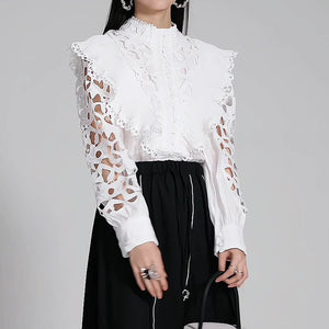 French Stand Collar Embroidered Hollow Shirt