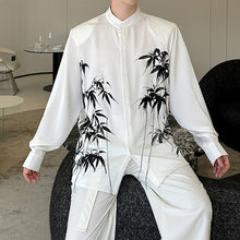 Load image into Gallery viewer, Ink Bamboo Print Tassel Embroidery Stand Collar Shirt
