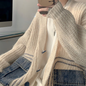 Lazy Denim Pocket Patchwork Sweater Jacket