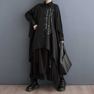 Loose Calligraphy Print Shirt Irregular Wide Leg Culottes