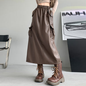 Retro Slit A-line Pu Mid-length Leather Skirt