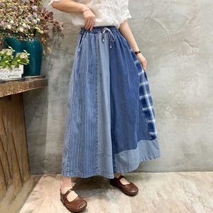 Color Block Denim Wide Leg Pants