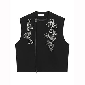 Round Neck Zippered Embroidered Vintage Vest