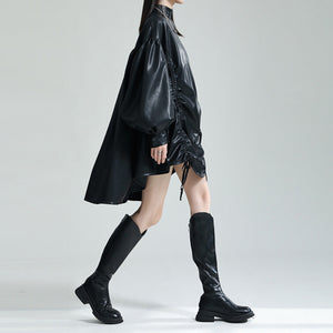 Irregular Drawstring PU Leather Cape Dress