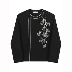 Lotus Leaf Embroidery Disc Button Round Neck Jacket