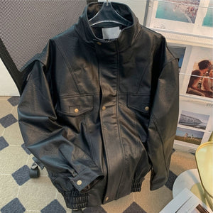 Vintage PU Leather Stand Collar Loose Jacket