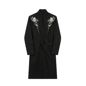 Mid-length Retro Buttoned Stand Collar Embroidered Windbreaker