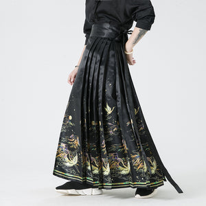 Crane Print Retro Horse-face Skirt Hanfu