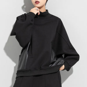 Paneled PU Leather Dolman Sleeve Pocket T-Shirt